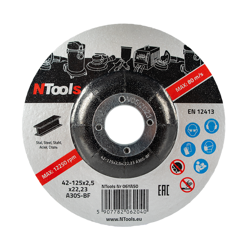 Disque à tronçonner et à ébarber pour acier NTools SDCS - FEPA 42, épaisseur 2,5 mm, Ø125 x 2,5 x 22,23 mm