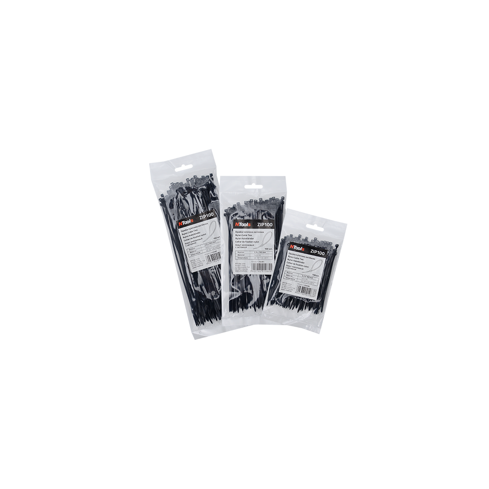 NTools ZIP100 MixSet - Zestaw opasek nylonowych zaciskowych Kolor czarny 2 5x100 / 2 5x150 / 2 5x200mm (op. 300szt)(1)