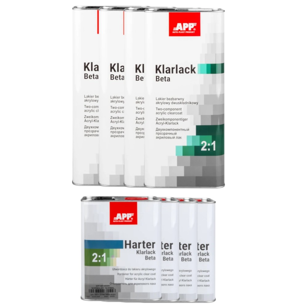 Zestaw lakier bezbarwny z utwardzaczem APP Klarlack Beta 2:1 lakier (4 x 5 L) + utwardzacz normalny (4 x 2 5 L)