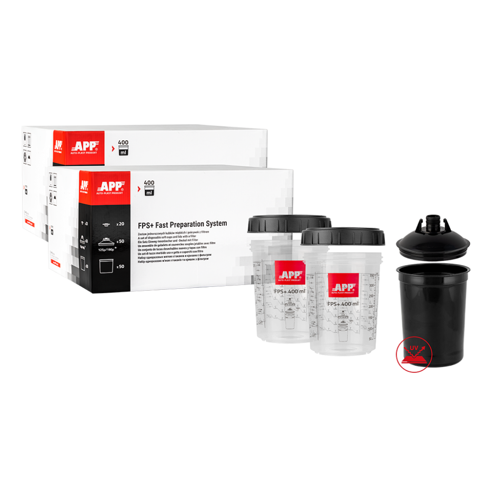 APP FPS Fast Preparation System SET - Zestaw kubków miękkich i kubków twardych z podziałką UV 400 ml op (100szt)