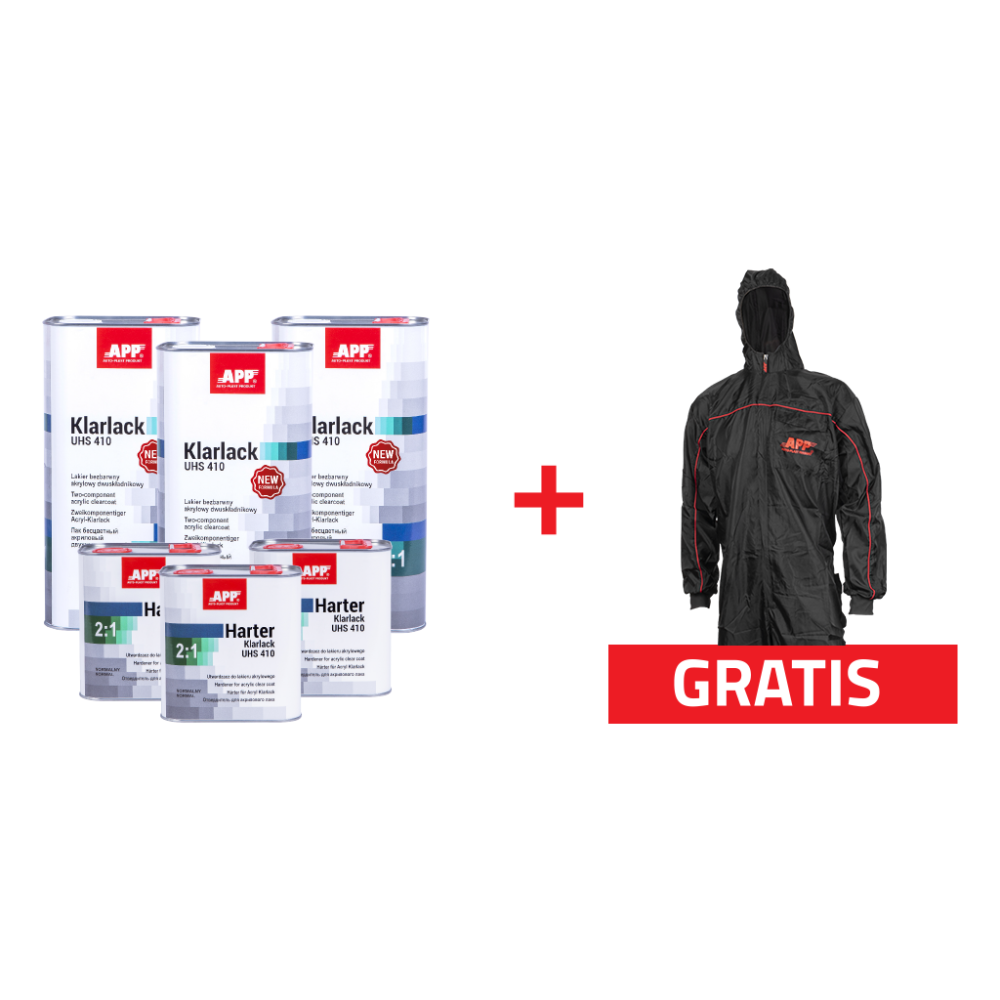 APP Klarlack UHS 410 New Formula 2:1 + Harter - Zestaw promocyjny - Lakier bezbarwny akrylowy dwuskładnikowy + utwardzacz 3x5L l
