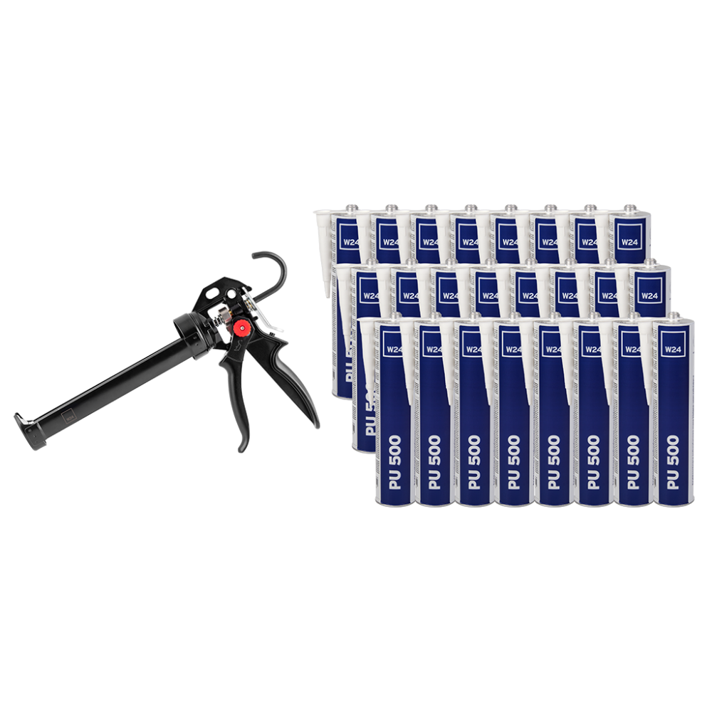 W24 Zestaw - W24 PU 500 (biały) + W24 Caulking Gun - Masa poliuretanowa W24 PU 500 kolor biały (24 szt.) i wyciskacz W24 Caulkin