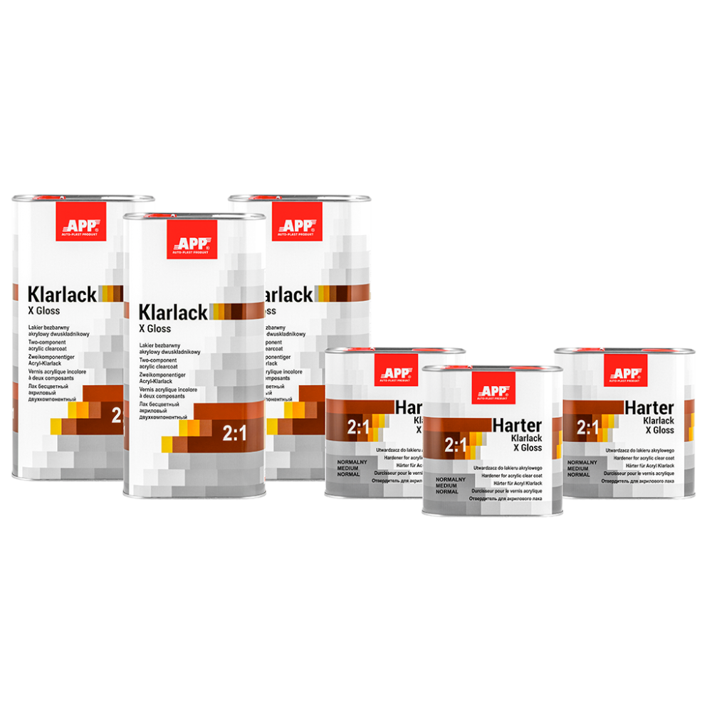 APP Klarlack X Gloss 2:1+ Harter - Zestaw promocyjny - Lakier bezbarwny akrylowy dwuskładnikowy + utwardzacz 3x5L lak+3x2 5L utw